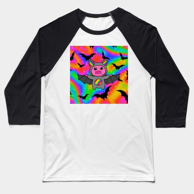 Rainbow Bat Pig Baseball T-Shirt by SquishyBeeArt